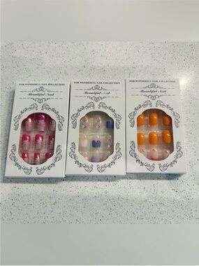 3-Pack Women’s Press-On Nail Set — Pink, Blue & Orange Styles